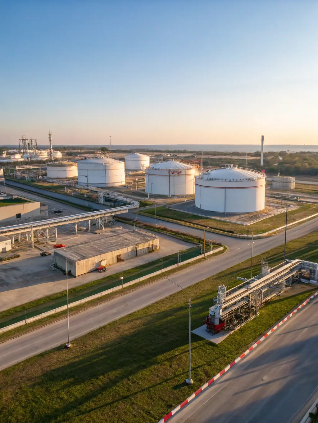 A wide shot of the GPS facility during the day, showcasing the layout of the tank farm and the surrounding infrastructure. The image should convey a sense of order and efficiency.