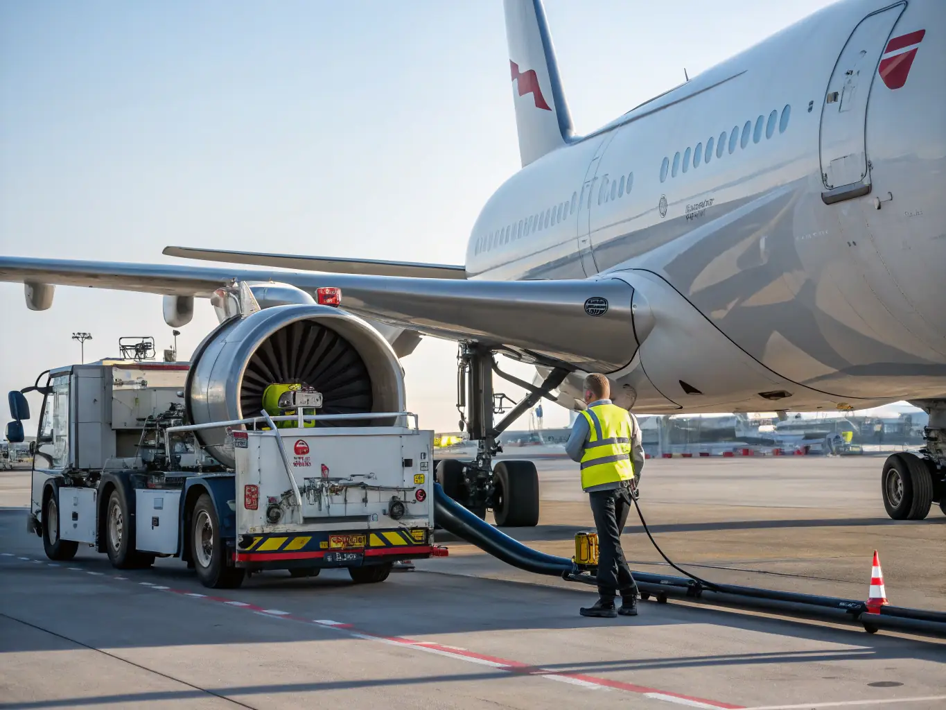 A high-quality image of jet fuel being pumped into an airplane.