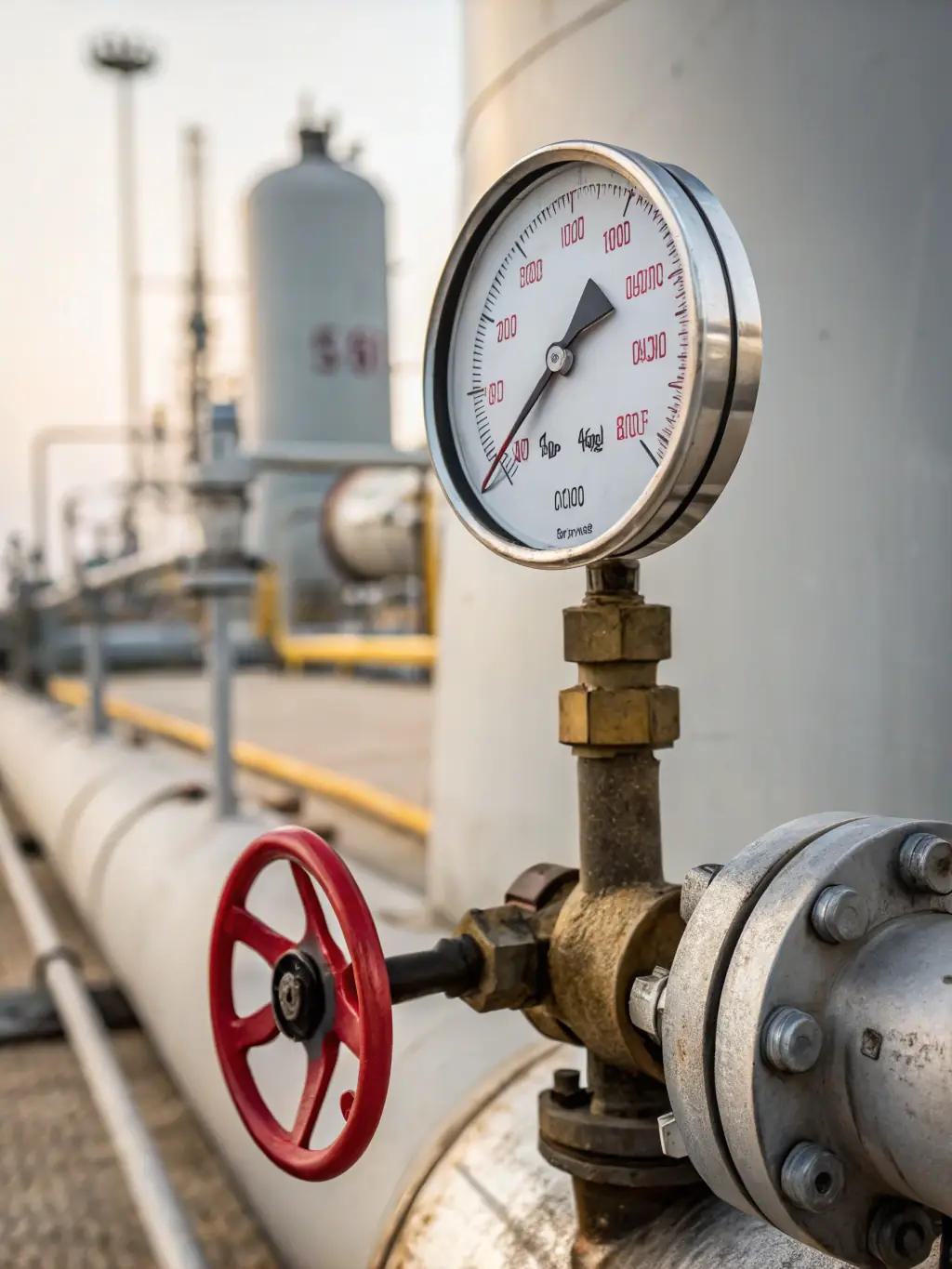 A close-up shot of a pressure gauge and valve on a petroleum storage tank, with a shallow depth of field to focus on the precision and safety equipment. The background should be slightly blurred.