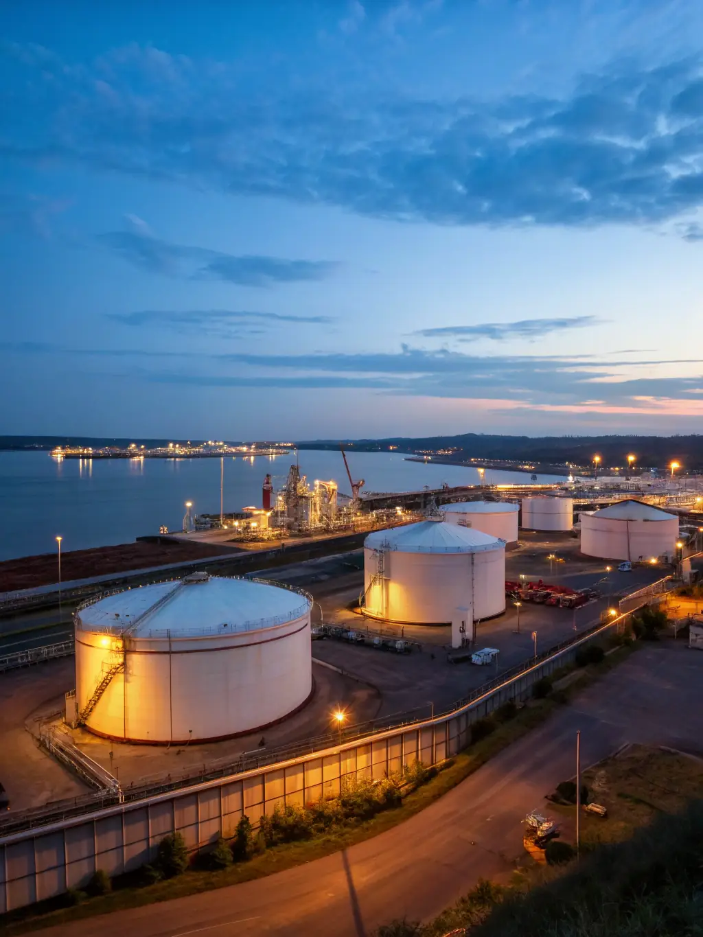A high-angle, slightly blurred photograph of a petroleum storage tank at dusk, emphasizing the scale and industrial nature of the facility. The lighting should be soft, highlighting the metallic texture of the tank.