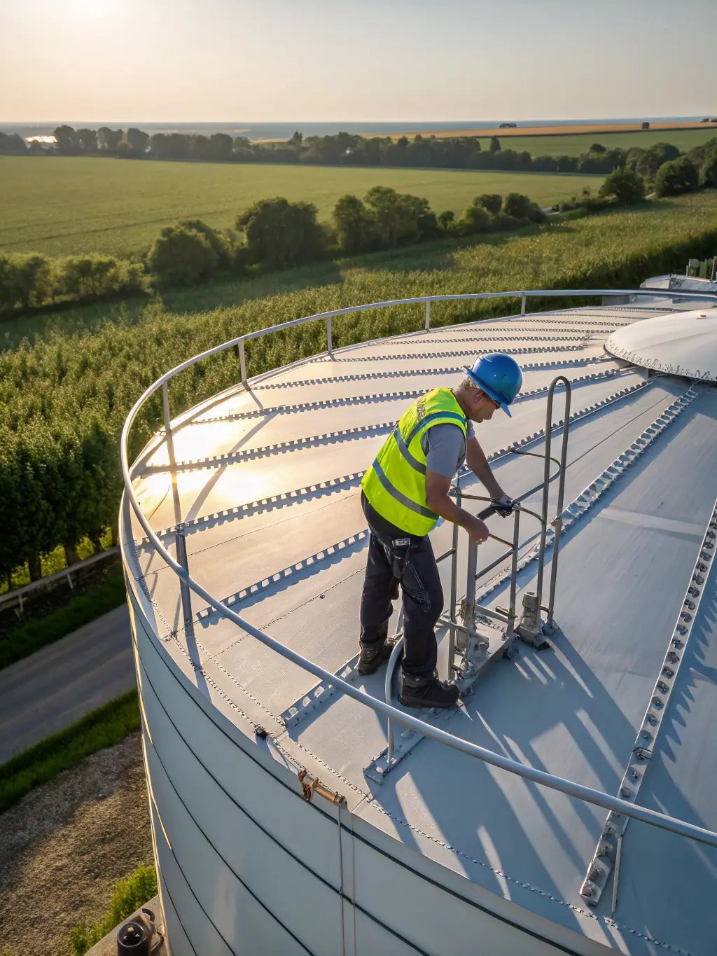 A photograph of a technician in safety gear inspecting a storage tank, emphasizing the company's commitment to safety and maintenance. The technician should be using specialized equipment.