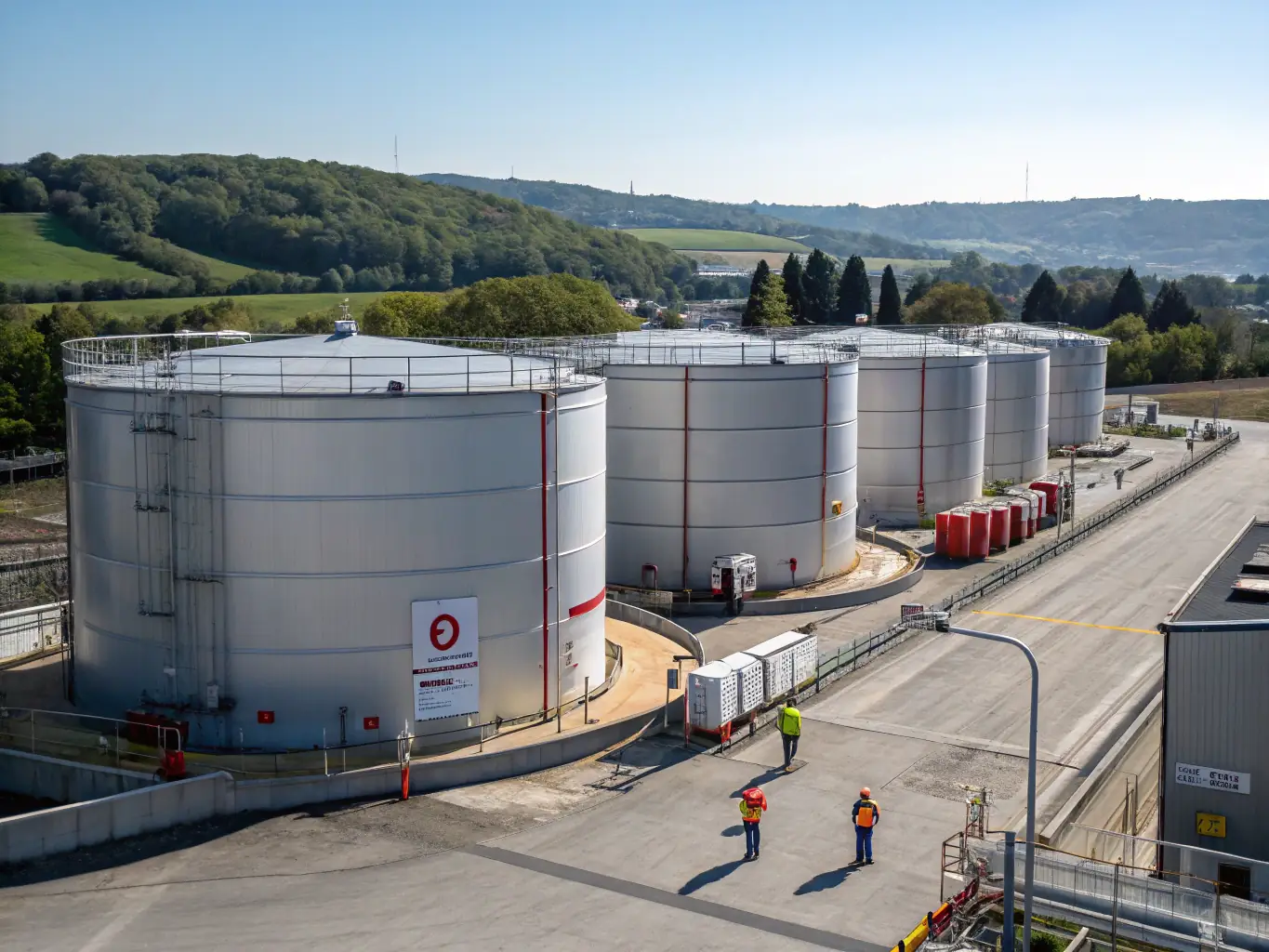 A high-angle, wide shot of a petroleum storage tank farm at sunset, showcasing numerous tanks connected by pipelines, with safety signage visible.